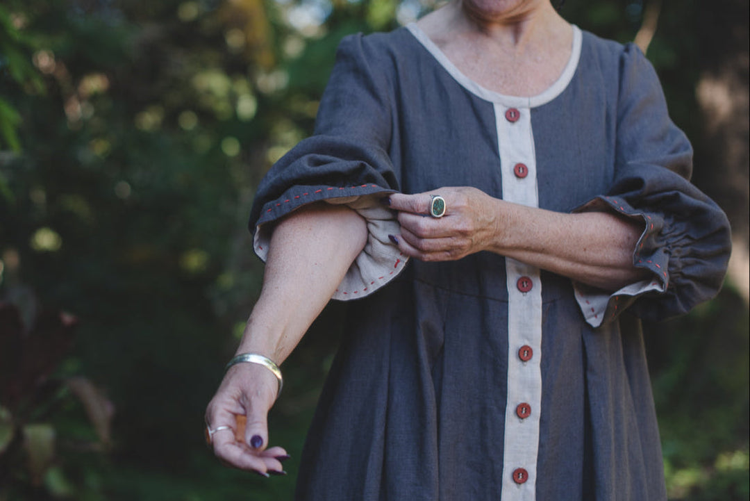 Linen wrap dress made by The Handmade Closet on model