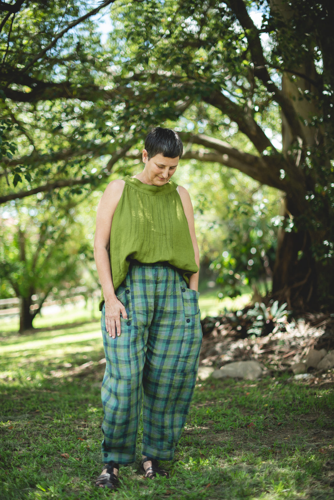 Green Navy Check Linen