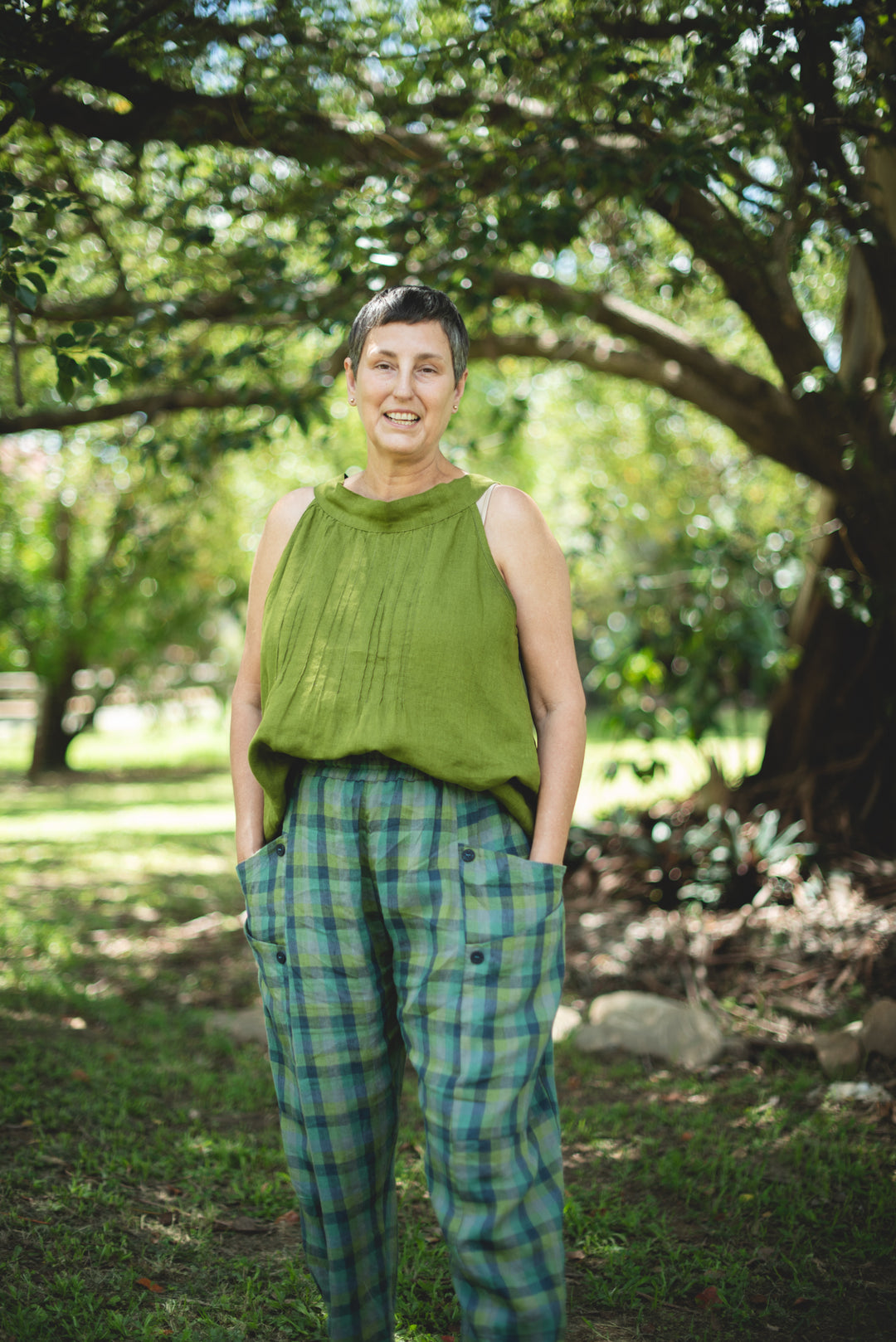 Green Navy Check Linen