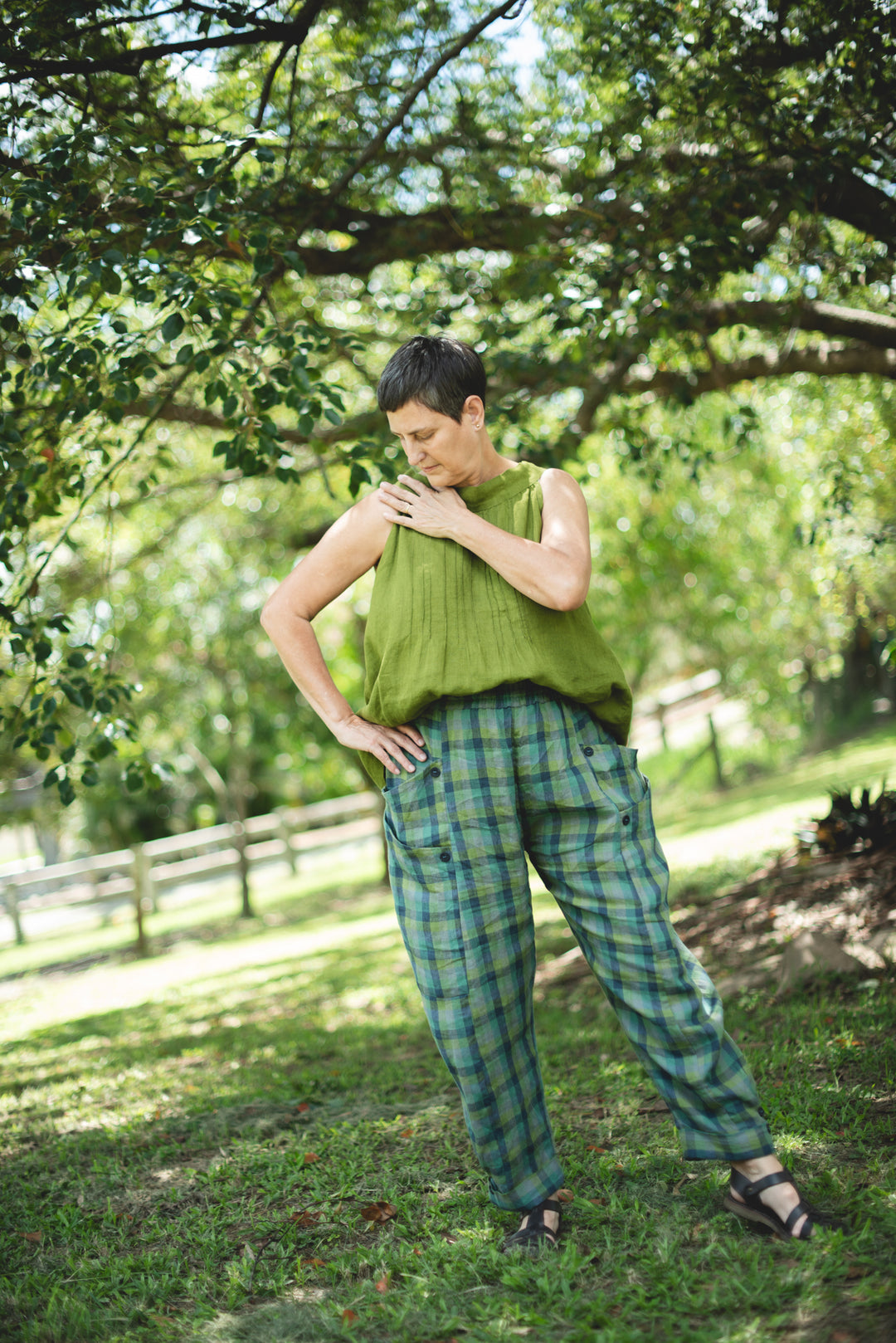 Green Navy Check Linen