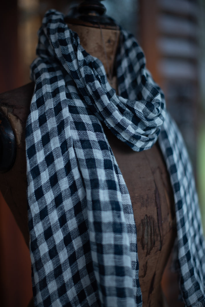 Summer Linen Scarf - Navy Natural Gingham - Pre Order