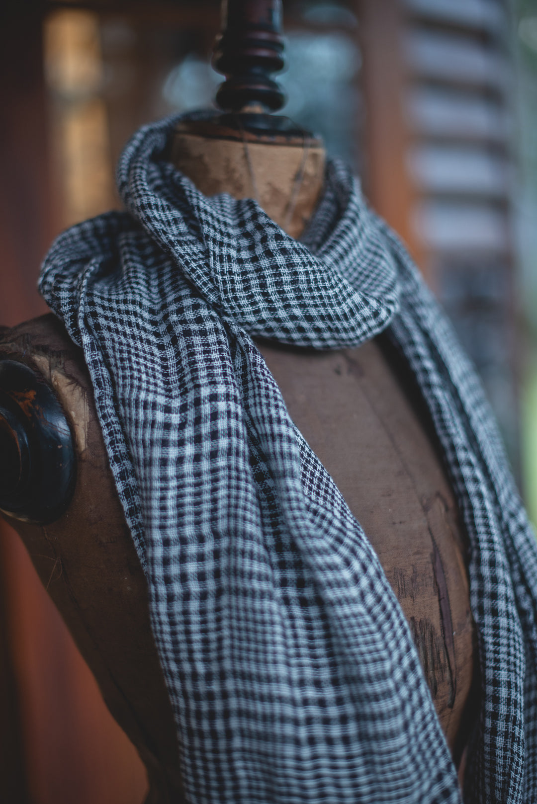 Summer Linen Scarf - Black & Natural Plaid - Pre Order