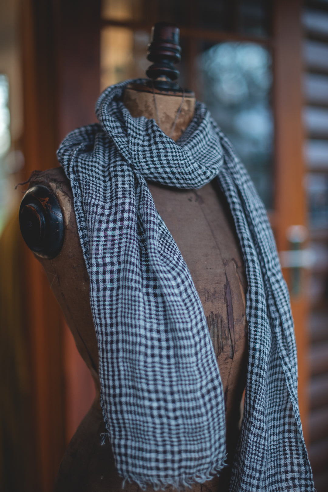 Summer Linen Scarf - Black & Natural Plaid - Pre Order
